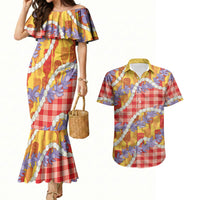 Hawaii Kahili Palaka Motifs Couples Matching Mermaid Dress and Hawaiian Shirt Hawaiian Honohono Pikake Lei LT14 Red - Polynesian Pride