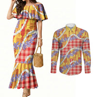 Hawaii Kahili Palaka Motifs Couples Matching Mermaid Dress and Long Sleeve Button Shirt Hawaiian Honohono Pikake Lei LT14 Red - Polynesian Pride