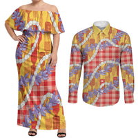 Hawaii Kahili Palaka Motifs Couples Matching Off Shoulder Maxi Dress and Long Sleeve Button Shirt Hawaiian Honohono Pikake Lei LT14 Red - Polynesian Pride