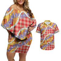 Hawaii Kahili Palaka Motifs Couples Matching Off Shoulder Short Dress and Hawaiian Shirt Hawaiian Honohono Pikake Lei LT14 Red - Polynesian Pride
