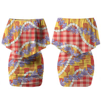 Hawaii Kahili Palaka Motifs Couples Matching Off Shoulder Short Dress and Hawaiian Shirt Hawaiian Honohono Pikake Lei LT14 - Polynesian Pride