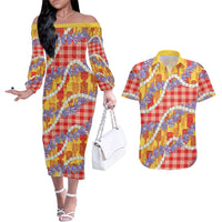 Hawaii Kahili Palaka Motifs Couples Matching Off The Shoulder Long Sleeve Dress and Hawaiian Shirt Hawaiian Honohono Pikake Lei