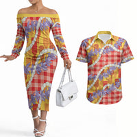 Hawaii Kahili Palaka Motifs Couples Matching Off The Shoulder Long Sleeve Dress and Hawaiian Shirt Hawaiian Honohono Pikake Lei LT14 Red - Polynesian Pride