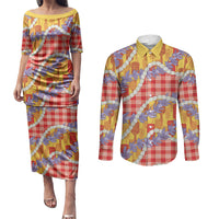 Hawaii Kahili Palaka Motifs Couples Matching Puletasi and Long Sleeve Button Shirt Hawaiian Honohono Pikake Lei LT14 Red - Polynesian Pride