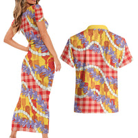 Hawaii Kahili Palaka Motifs Couples Matching Short Sleeve Bodycon Dress and Hawaiian Shirt Hawaiian Honohono Pikake Lei