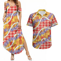 Hawaii Kahili Palaka Motifs Couples Matching Summer Maxi Dress and Hawaiian Shirt Hawaiian Honohono Pikake Lei LT14 Red - Polynesian Pride