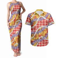 Hawaii Kahili Palaka Motifs Couples Matching Tank Maxi Dress and Hawaiian Shirt Hawaiian Honohono Pikake Lei LT14 Red - Polynesian Pride