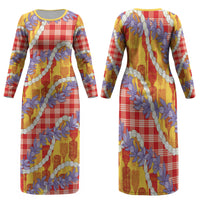 Hawaii Kahili Palaka Motifs Family Matching Long Sleeve Bodycon Dress and Hawaiian Shirt Hawaiian Honohono Pikake Lei LT14 Mom's Dress Red - Polynesian Pride