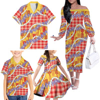 Hawaii Kahili Palaka Motifs Family Matching Off The Shoulder Long Sleeve Dress and Hawaiian Shirt Hawaiian Honohono Pikake Lei