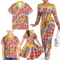 Hawaii Kahili Palaka Motifs Family Matching Off The Shoulder Long Sleeve Dress and Hawaiian Shirt Hawaiian Honohono Pikake Lei LT14 - Polynesian Pride