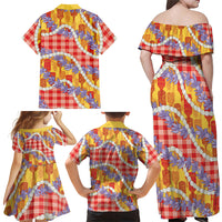 Hawaii Kahili Palaka Motifs Family Matching Off Shoulder Maxi Dress and Hawaiian Shirt Hawaiian Honohono Pikake Lei