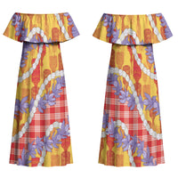 Hawaii Kahili Palaka Motifs Family Matching Off Shoulder Maxi Dress and Hawaiian Shirt Hawaiian Honohono Pikake Lei LT14 Mom's Dress Red - Polynesian Pride