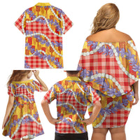 Hawaii Kahili Palaka Motifs Family Matching Off Shoulder Short Dress and Hawaiian Shirt Hawaiian Honohono Pikake Lei