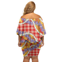 Hawaii Kahili Palaka Motifs Family Matching Off Shoulder Short Dress and Hawaiian Shirt Hawaiian Honohono Pikake Lei