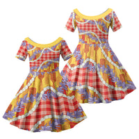 Hawaii Kahili Palaka Motifs Family Matching Short Sleeve Bodycon Dress and Hawaiian Shirt Hawaiian Honohono Pikake Lei LT14 Daughter's Dress Red - Polynesian Pride