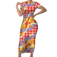 Hawaii Kahili Palaka Motifs Family Matching Short Sleeve Bodycon Dress and Hawaiian Shirt Hawaiian Honohono Pikake Lei