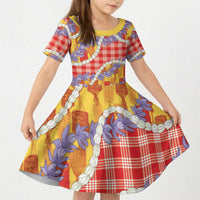Hawaii Kahili Palaka Motifs Kid Short Sleeve Dress Hawaiian Honohono Pikake Lei LT14 KID Red - Polynesian Pride