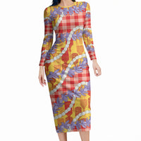 Hawaii Kahili Palaka Motifs Long Sleeve Bodycon Dress Hawaiian Honohono Pikake Lei LT14 Long Dress Red - Polynesian Pride