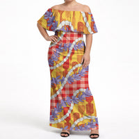 Hawaii Kahili Palaka Motifs Off Shoulder Maxi Dress Hawaiian Honohono Pikake Lei LT14 Women Red - Polynesian Pride