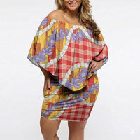 Hawaii Kahili Palaka Motifs Off Shoulder Short Dress Hawaiian Honohono Pikake Lei LT14 Women Red - Polynesian Pride