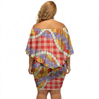 Hawaii Kahili Palaka Motifs Off Shoulder Short Dress Hawaiian Honohono Pikake Lei LT14 - Polynesian Pride