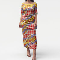 Hawaii Kahili Palaka Motifs Puletasi Hawaiian Honohono Pikake Lei LT14 Long Dress Red - Polynesian Pride