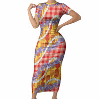 Hawaii Kahili Palaka Motifs Short Sleeve Bodycon Dress Hawaiian Honohono Pikake Lei LT14 Long Dress Red - Polynesian Pride
