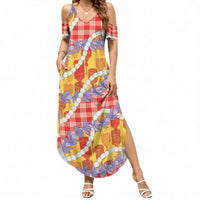 Hawaii Kahili Palaka Motifs Summer Maxi Dress Hawaiian Honohono Pikake Lei LT14 Women Red - Polynesian Pride