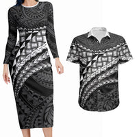 Hawaii Lauhala Tattoo Couples Matching Long Sleeve Bodycon Dress and Hawaiian Shirt Hawaiian Hala Leaf Weaving LT14 Black - Polynesian Pride