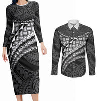 Hawaii Lauhala Tattoo Couples Matching Long Sleeve Bodycon Dress and Long Sleeve Button Shirt Hawaiian Hala Leaf Weaving LT14 Black - Polynesian Pride