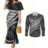 Hawaii Lauhala Tattoo Couples Matching Mermaid Dress and Long Sleeve Button Shirt Hawaiian Hala Leaf Weaving LT14 Black - Polynesian Pride