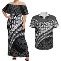 Hawaii Lauhala Tattoo Couples Matching Off Shoulder Maxi Dress and Hawaiian Shirt Hawaiian Hala Leaf Weaving LT14 Black - Polynesian Pride