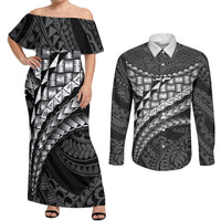 Hawaii Lauhala Tattoo Couples Matching Off Shoulder Maxi Dress and Long Sleeve Button Shirt Hawaiian Hala Leaf Weaving LT14 Black - Polynesian Pride