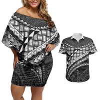 Hawaii Lauhala Tattoo Couples Matching Off Shoulder Short Dress and Hawaiian Shirt Hawaiian Hala Leaf Weaving LT14 Black - Polynesian Pride