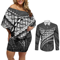 Hawaii Lauhala Tattoo Couples Matching Off Shoulder Short Dress and Long Sleeve Button Shirt Hawaiian Hala Leaf Weaving LT14 Black - Polynesian Pride
