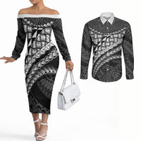 Hawaii Lauhala Tattoo Couples Matching Off The Shoulder Long Sleeve Dress and Long Sleeve Button Shirt Hawaiian Hala Leaf Weaving LT14 Black - Polynesian Pride