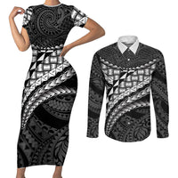 Hawaii Lauhala Tattoo Couples Matching Short Sleeve Bodycon Dress and Long Sleeve Button Shirt Hawaiian Hala Leaf Weaving