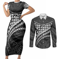 Hawaii Lauhala Tattoo Couples Matching Short Sleeve Bodycon Dress and Long Sleeve Button Shirt Hawaiian Hala Leaf Weaving LT14 Black - Polynesian Pride