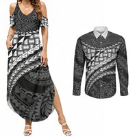 Hawaii Lauhala Tattoo Couples Matching Summer Maxi Dress and Long Sleeve Button Shirt Hawaiian Hala Leaf Weaving LT14 Black - Polynesian Pride