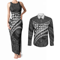 Hawaii Lauhala Tattoo Couples Matching Tank Maxi Dress and Long Sleeve Button Shirt Hawaiian Hala Leaf Weaving LT14 Black - Polynesian Pride
