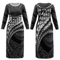 Hawaii Lauhala Tattoo Family Matching Long Sleeve Bodycon Dress and Hawaiian Shirt Hawaiian Hala Leaf Weaving LT14 Mom's Dress Black - Polynesian Pride