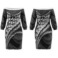 Hawaii Lauhala Tattoo Family Matching Off The Shoulder Long Sleeve Dress and Hawaiian Shirt Hawaiian Hala Leaf Weaving LT14 Mom's Dress Black - Polynesian Pride