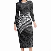 Hawaii Lauhala Tattoo Long Sleeve Bodycon Dress Hawaiian Hala Leaf Weaving LT14 Long Dress Black - Polynesian Pride