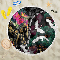 Hawaiian and Japanese Culture Beach Blanket Crane Sakura Hibiscus Tropical Vibes