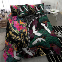 Hawaiian and Japanese Culture Bedding Set Crane Sakura Hibiscus Tropical Vibes