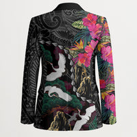 Hawaiian and Japanese Culture Blazer Crane Sakura Hibiscus Tropical Vibes