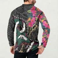 Hawaiian and Japanese Culture Button Sweatshirt Crane Sakura Hibiscus Tropical Vibes