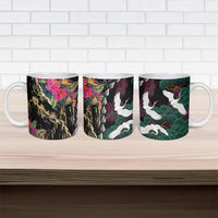 Hawaiian and Japanese Culture Ceramic Mug Crane Sakura Hibiscus Tropical Vibes