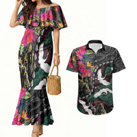 Hawaiian and Japanese Culture Couples Matching Mermaid Dress and Hawaiian Shirt Crane Sakura Hibiscus Tropical Vibes LT14 Black - Polynesian Pride
