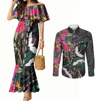 Hawaiian and Japanese Culture Couples Matching Mermaid Dress and Long Sleeve Button Shirt Crane Sakura Hibiscus Tropical Vibes LT14 Black - Polynesian Pride